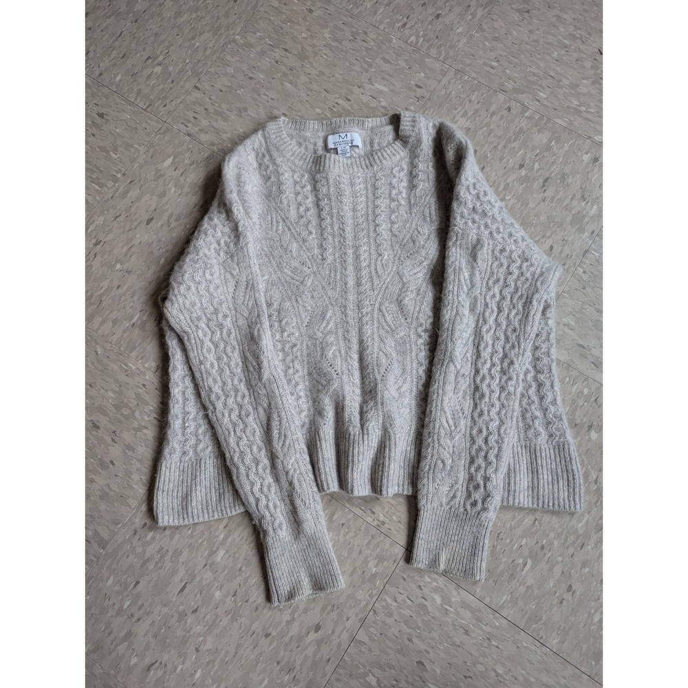 Magaschoni Cashmere Peplum Cropped Cable Knit Sweater Oatmeal Beige Crew Neck L